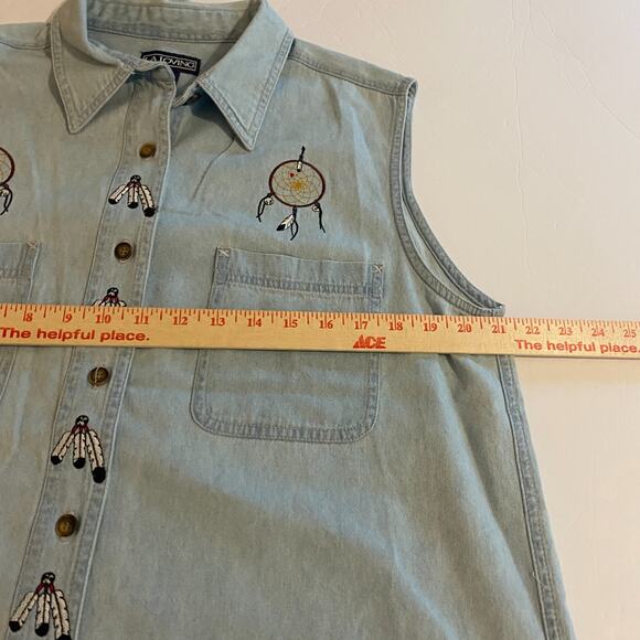 Vtg. Chambray Sleeveless Top Sz XL Embroidered Native American LA Loving Cotton - Picture 4 of 6